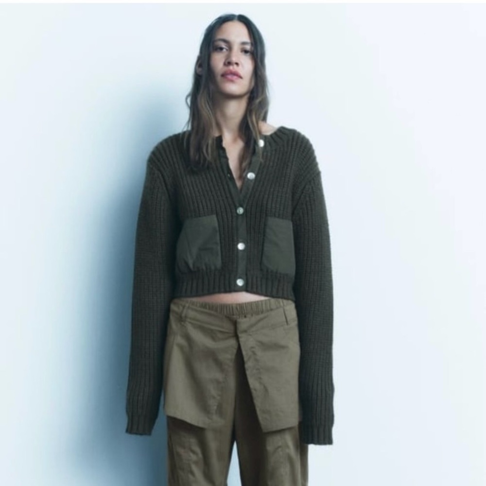 NWT Zara Green Knit Cardigan Cropped Style Zara combination nit cardigan with p - Picture 4 of 16